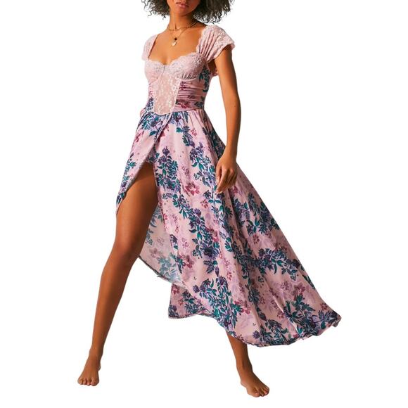 Free People Dresses & Skirts - NWT Free People Intimately Dusty Rose Boho Floral Maxi Bodysuit Dress Size XL